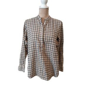Lands End Womens Plaid Flannel Henley Shirt Top Small Brown Black